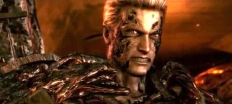 Image: Close-up image of a male character with metallic skin and glowing yellow eyes, showing a half-smile, set against a blurred fiery background. His appearance suggests a fusion of human and robotic elements, ev -- D.C. Douglas