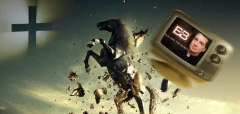 Image: An abstract digital artwork featuring a shattering black horse juxtaposed with an old-fashioned tv showing a man's face, all set against a bold, stormy sky. -- D.C. Douglas