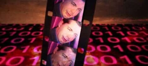 Image: Digital image featuring a strip of overlapping photographs with a distressed person's face, set against a background of binary code (1s and 0s) on the cutting room floor in shades of pink and -- D.C. Douglas