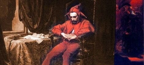 Image: An image of a pensive actor in medieval outfit, including a red hat, seated beside a table with papers, in a dim, warmly lit room. -- D.C. Douglas