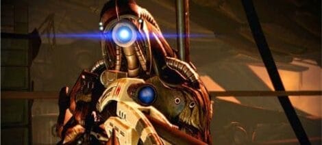 Image: A close-up of a futuristic armored character with a glowing blue eye lens, set against a dimly lit industrial background, accompanied by the faint whispers of a legion of voices. -- D.C. Douglas