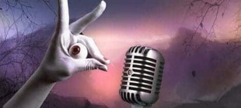 Image: A surreal image featuring a white cartoon hand with an eye on one of its fingers looking at a classic silver microphone, set against a misty, purple-toned background akin to a wonderland with bare -- D.C. Douglas