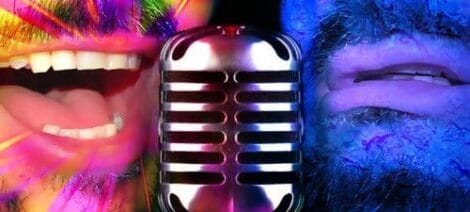 Image: A colorful and vibrant split image featuring a close-up of a smiling person's mouth on the left and a close-up of a person's face painted blue with a visible microphone, illustrating their voiceover career -- D.C. Douglas
