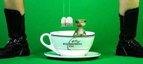 Image: A whimsical image featuring a toy gecko sitting inside a large white cup branded "GEICO," placed on a saucer with two marshmallows hanging above it on a string, flanked by -- D.C. Douglas