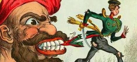 Image: A vintage illustration depicting a caricatured scene with a large angry man in a turban biting a smaller figure in a military uniform, who appears to be retreating in shock while riding coattails -- D.C. Douglas
