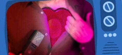 Image: A digital artwork of a man wearing a red shirt with a neon heart symbol and a pager on his belt, blended with abstract, blurry blue and pink lighting effects in the background of a voiceover video -- D.C. Douglas