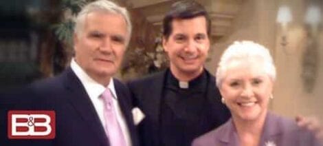 Image: Three adults smiling at the camera in a warmly lit room; a man in a suit, a man in a priest outfit, and a woman in a purple dress. The logo for "The Bold and -- D.C. Douglas