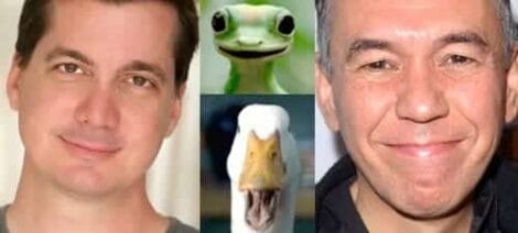 Image: Composite image featuring three human faces and one fictional character: a man with dark brown hair, a green puppet frog looking directly at the camera, a close-up of a duck's head, and an older man smiling. -- D.C. Douglas