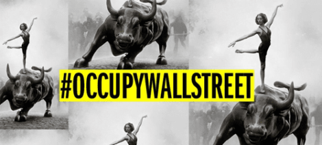 Image: A montage image featuring the charging bull statue in different poses, overlayed with a ballerina balancing next to it, all in black and white. The hashtag #OccupyWallStreet is centered. -- D.C. Douglas
