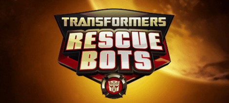 Image: Official logo of "Transformers Rescue Bots" with bold red and black text on an orange fiery background and a silver autobot symbol at the center. -- D.C. Douglas