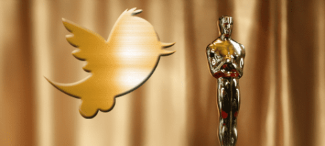 Image: A graphic of a white bird silhouette, symbolizing tweets, on a golden background to the left, and a shiny gold Oscar award statue to the right, both against a backdrop of vertical gold curtains. -- D.C. Douglas