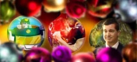 Image: Colorful montage of sports-themed Christmas ornaments featuring team logos with a blurry image of a slimeball in formal attire in the background. -- D.C. Douglas