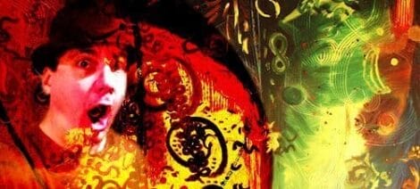 Image: A vibrant abstract image blending a surprised human face with colorful, swirling patterns in red and green, creating a surreal, artistic effect during March Madness.
 -- D.C. Douglas