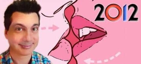 Image: A split image featuring a man with dark hair on the left, and a stylized pink graphic titled "French Kiss" with lips and "2012" on the right. A dashed arrow connects both -- D.C. Douglas