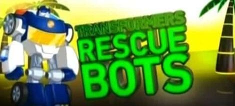 Image: Image featuring the "Transformers Rescue Bots" logo in bright green with a robot character in blue and yellow, standing next to tropical palm trees. -- D.C. Douglas