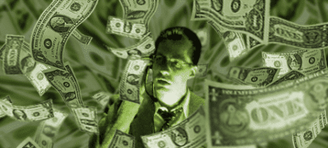 Image: A monochrome image of a man in glasses, his face expressing concern, superimposed on a background of swirling one dollar bills in a green hue, evoking the complex emotions Dorian Dunas -- D.C. Douglas