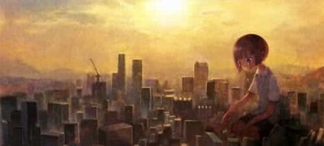 Image: An anime-style boy sits atop a building, overlooking a city bathed in the warm glow of a setting sun, with skyscrapers piercing the hazy, golden skyline in Japan. -- D.C. Douglas