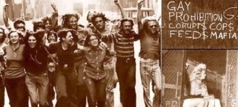 Image: Black and white image of a group of joyful people marching on a street, with a banner reading "gay prohibition corrupts cops feeds mafia." An inset shows a person sitting by a window, reflecting on -- D.C. Douglas
