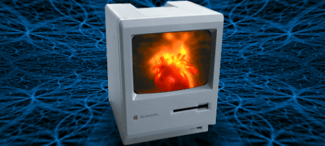 Image: A vintage Macintosh computer displaying a vivid image of a fiery explosion on its screen, set against a blue digital truth distortion patterned background. -- D.C. Douglas