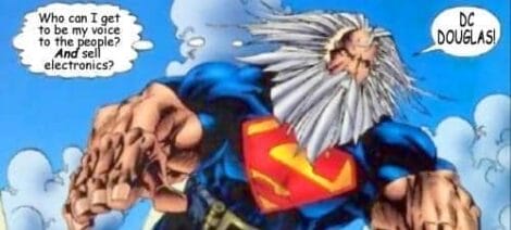 Image: Comic book illustration of an older, muscular superman with a long white beard and hair, flying with clenched fists, pondering about becoming a holiday hero and selling electronics. -- D.C. Douglas