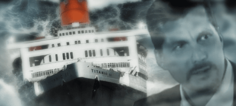 Image: A stylized monochrome image featuring the Titanic ship with a visible name; the background includes fog and a close-up of the captain’s mustached face. -- D.C. Douglas