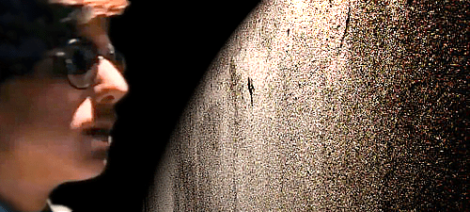 Image: A split image showing a close-up of a person's face in profile on the left, wearing glasses and slightly out of focus, and a detailed, textured wall on the right. -- D.C. Douglas