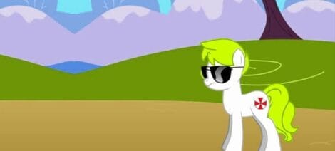 Image: Illustration of a little yellow pony with green mane, wearing sunglasses and standing in a scenic landscape with trees, hills, and a bright sky. -- D.C. Douglas