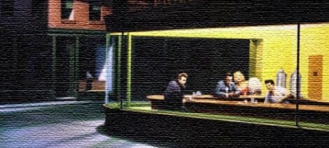 Image: A pixelated image showing people dining in a warmly lit, contemporary restaurant, viewed through a large glass window, with a dimly lit brick building in the background. Some are enjoying a free meal. -- D.C. Douglas