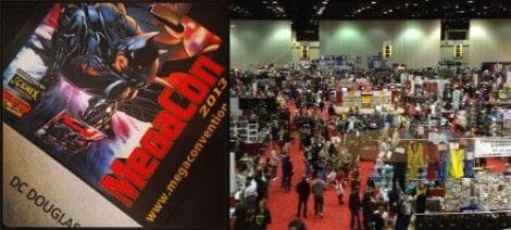 Image: A promotional image for MegaCon featuring a comic book character, paired with an aerial view of a crowded convention hall with various booths and attendees. -- D.C. Douglas