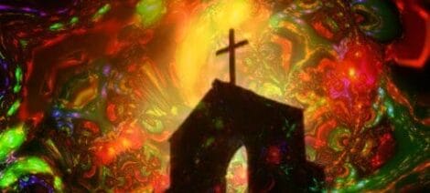 Image: An abstract image depicting a small church with a cross on top, surrounded by vibrant, swirling colors in shades of red and green, suggesting a mystical or psychedelic atmosphere. -- D.C. Douglas