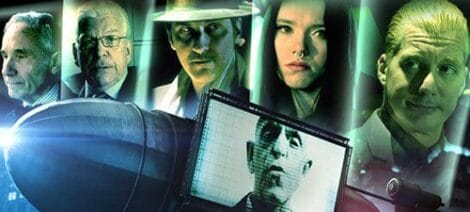 Image: Collage of six characters from a thriller movie, featuring intense and mysterious facial expressions, highlighted by green and blue lighting with technological and investigative elements. Each character seems poised as if waiting for a -- D.C. Douglas