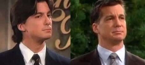 Image: Split image featuring two men in suits; the left image with a restless young man with dark, floppy hair and the right a middle-aged man with graying hair, both appearing serious. -- D.C. Douglas