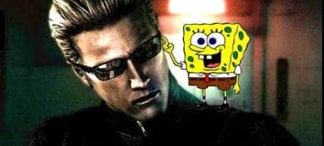 Image: Wesley snipes as blade in dark sunglasses, standing next to a cheerful SpongeBob SquarePants in a surreal, edited image with a dimly lit, greenish background. -- D.C. Douglas