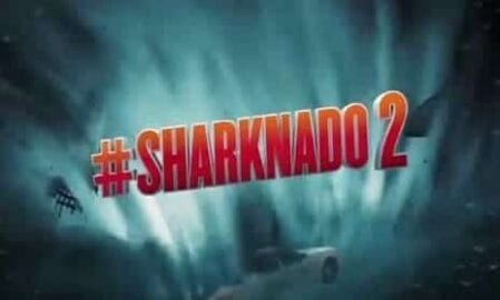 Image: Promotional image for the film "sharknado 2" featuring bold red title text amidst a dynamic backdrop of swirling winds and flying sharks, capturing the movie's thrilling, chaotic essence. -- D.C. Douglas