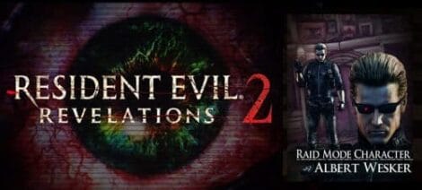 Image: Promotional banner for Resident Evil 2: Revelations video game featuring a close-up of a vibrant green eye and an image of Albert Wesker, kicking in his signature black outfit. -- D.C. Douglas