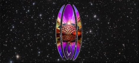 Image: A digitally created, vibrant, multicolored surfboard floats against a starry space background, displaying a blend of purple, pink, and geometric patterns inspired by Things in Heaven. -- D.C. Douglas