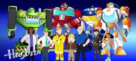 Image: Illustration featuring characters from the animated series "Transformers: Rescue Bots" including human allies and robot characters displayed against a blue background with the "Hasbro" logo, celebrating Season 4. -- D.C. Douglas