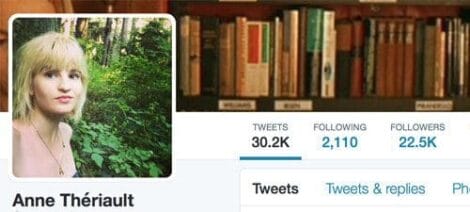 Image: Profile of Anne Thériault, author of "The Feminist in the Wild," on a social media platform, showing her photo next to a background of bookshelves filled with feminist books, with -- D.C. Douglas