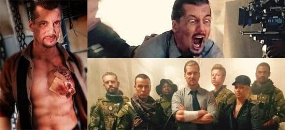 Image: A collage of three images featuring an actor: first showing a close-up of him pointing; the middle image captures an intense scene; the third depicts him confidently standing with a team of soldiers in a social -- D.C. Douglas