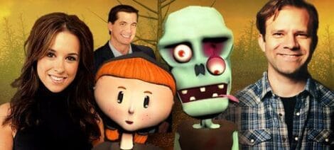 Image: Four characters against an autumn-hued backdrop: two smiling real persons, a cartoon girl with orange hair, and a green, one-eyed zombie character from "Ginger & Snapper. -- D.C. Douglas
