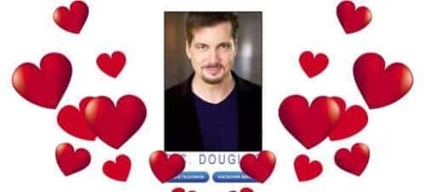 Image: A man with a beard and mustache, wearing a black shirt, is centered within a frame decorated with multiple red hearts in various sizes, perfect for a love-themed website. -- D.C. Douglas