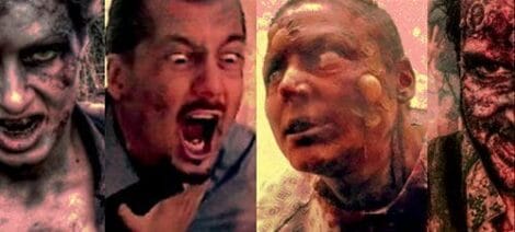 Image: A collage of four images showcasing people transformed into zombie-like characters, featuring intense expressions and detailed makeup to create a monstrous, decaying appearance for the Syfy TV series "Isle of the Dead. -- D.C. Douglas