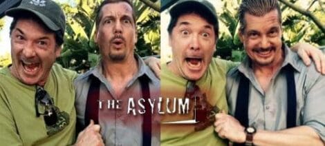 Image: Two cheerful men posing playfully in a tropical setting with one pretending to choke the other in the left image, and both smiling and making humorous faces in the right image, with text "asylum love -- D.C. Douglas