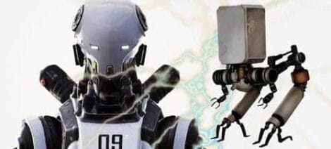 Image: Futuristic humanoid robot dancing with a white helmet featuring a "09" mark, flanked by a drone on the right with protruding mechanical arms and electrical effects in the background. -- D.C. Douglas