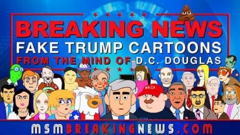 Image: A colorful graphic titled "breaking news" featuring a collage of cartoon caricatures depicting various figures, with a banner reading "blocked trump cartoons from the mind of d.c. douglas" at the top -- D.C. Douglas