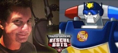 Image: A side-by-side image featuring a man smiling beside a microphone in a dimly lit setting, and an illustration of a robot from the show Transformers Rescue Bots, highlighted by a bright, colorful design -- D.C. Douglas