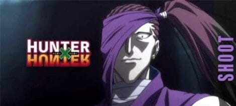 Image: An anime character with a purple headband, white face paint, and multiple earrings appears from the dark, with the text "Hunter X Hunter" and "interview" in bold lettering. -- D.C. Douglas