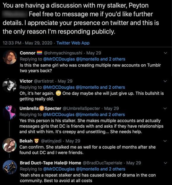 Waukau &Amp; Vandagriff Info, Accounts, Online Reaction, Harassment. | D.c. Douglas Image: A screenshot of a Twitter conversation where multiple users discuss reacting to allegations against Peyton Waukau on social media, sharing their negative experiences and support of D.C. Douglas in a thread of replies.