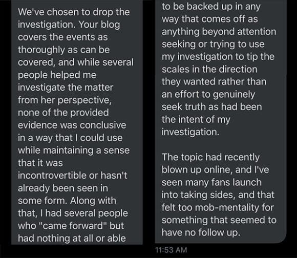 Waukau &Amp; Vandagriff Info, Accounts, Online Reaction, Harassment. | D.c. Douglas Image: Two screenshots of a text conversation stating that the allegations seem unfounded and closing investigation.