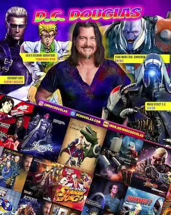 Image: A PR promotional poster showcasing D.C. Douglas surrounded by various characters he voiced in games and shows, including Albert Wesker and Legion, with links to his social media accounts. -- D.C. Douglas